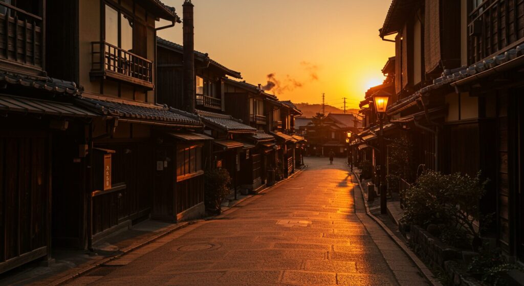 青のミブロ・夕焼けの京都の街角