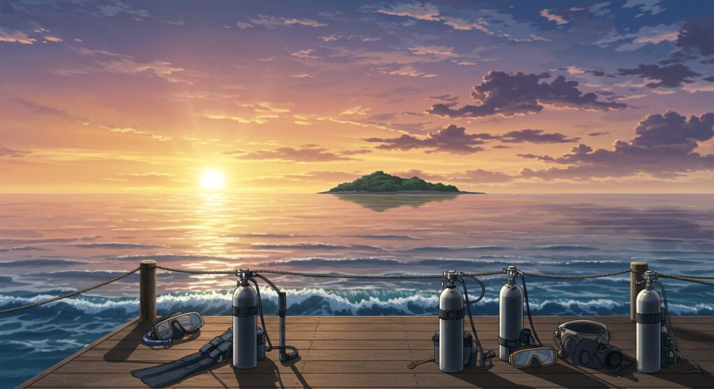 ぐらんぶる・夕方の海辺の桟橋