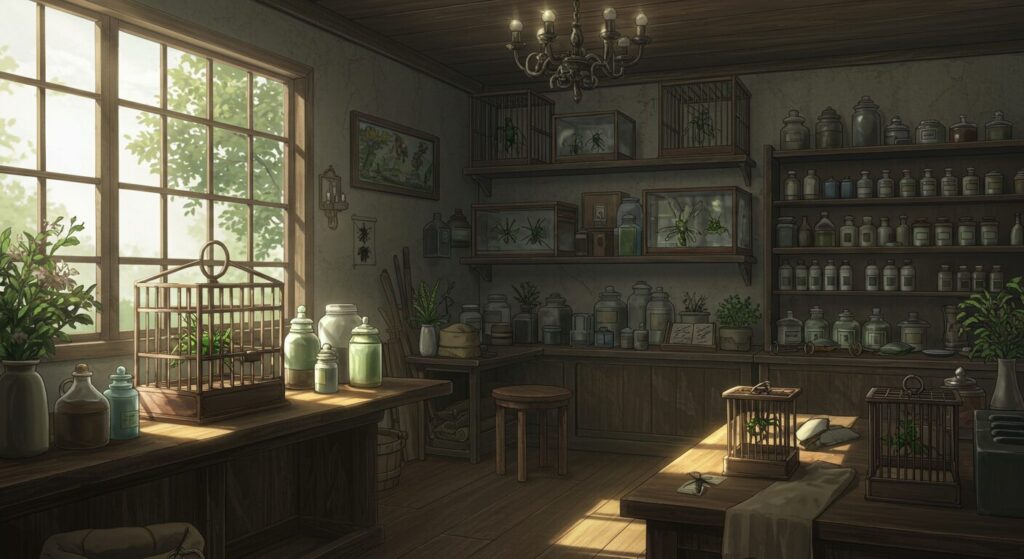 薬屋のひとりごと・古い薬草棚が並ぶ書庫